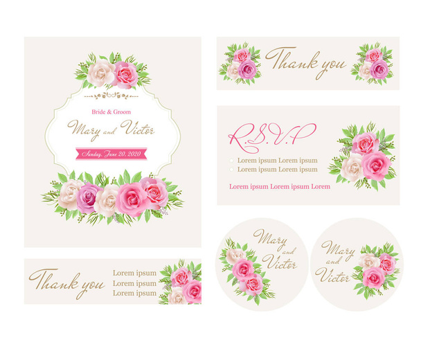 Svatební pozvánky s růžové a bílé růže. Kolekce šablony. (Využití pro Boarding Pass, pozvání, poděkování). Vektorové ilustrace. EPS 10 - Vektor, obrázek