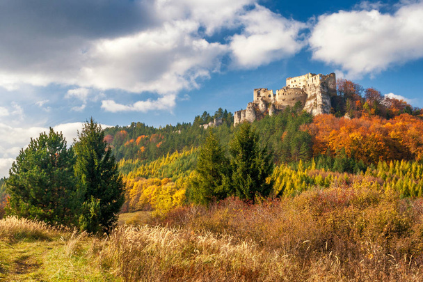 Paisaje otoñal con ruina del castillo medieval Lietava
. - Foto, imagen