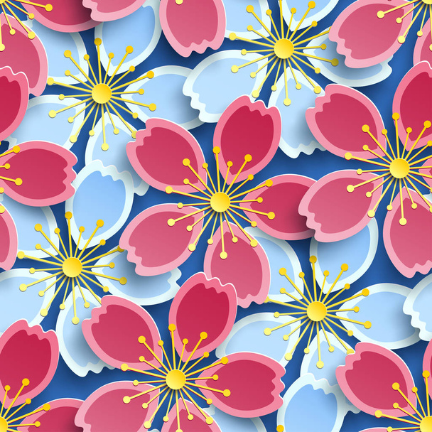 Modern seamless pattern with blue and pink sakura - Vetor, Imagem