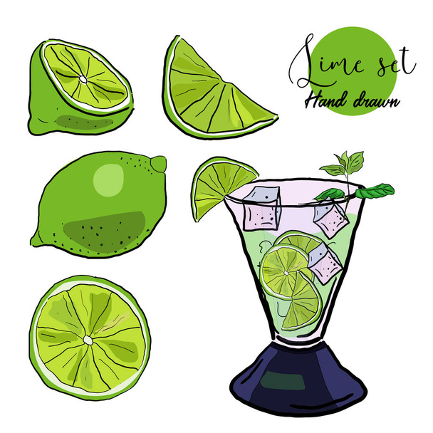 Set of whole, half, slice lime and glass of lemonade with ice cubes, sketch style vector illustration on white background. - Vektor, obrázek