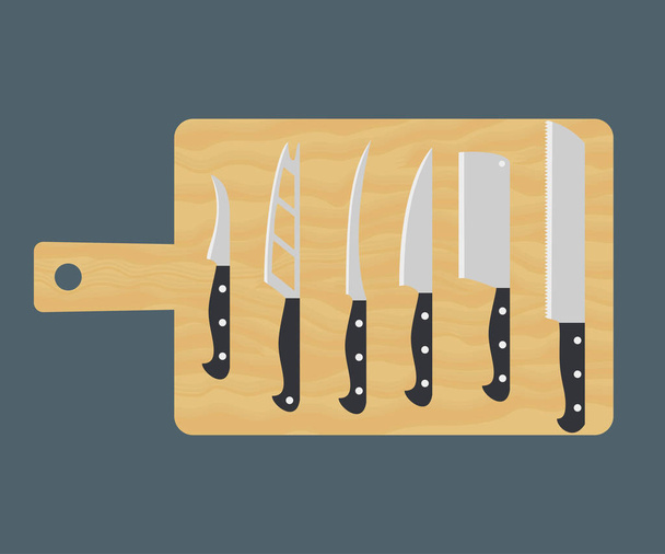 Kitchen knife set on cutting board.  - Vector, imagen
