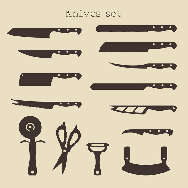 Kitchen knife set on beige background. - Vector, imagen