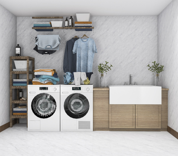 3D-Rendering-Waschmaschine in der Waschküche - Foto, Bild
