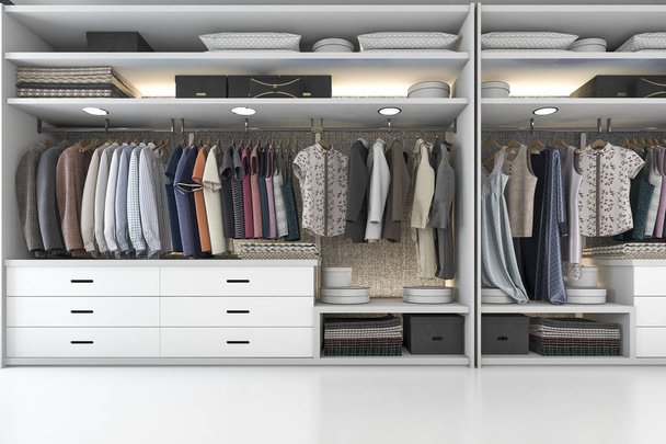 3d rendering modern scandinavian white wood walk in closet with wardrobe - Photo, Image