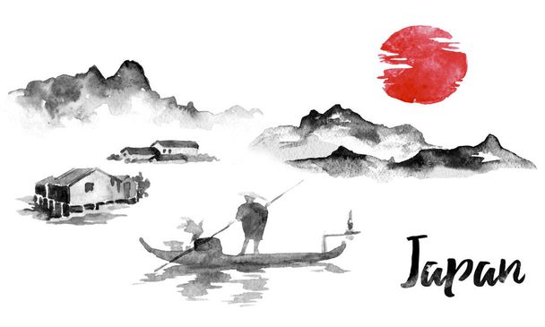 Japan traditional sumi-e painting. Indian ink illustration. Man and boat. Sunset, dusk. Japanese picture. - 写真・画像