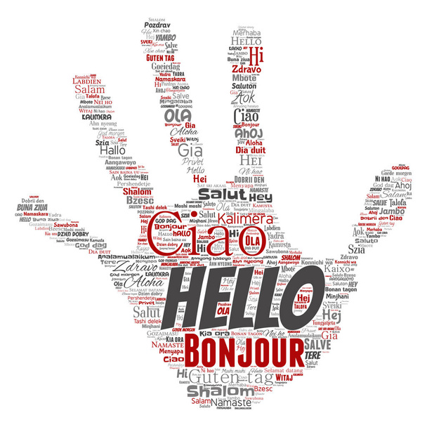 Conceptuele hand afdrukken met hello- of groet internationale toerisme word cloud in verschillende talen. - Vector, afbeelding