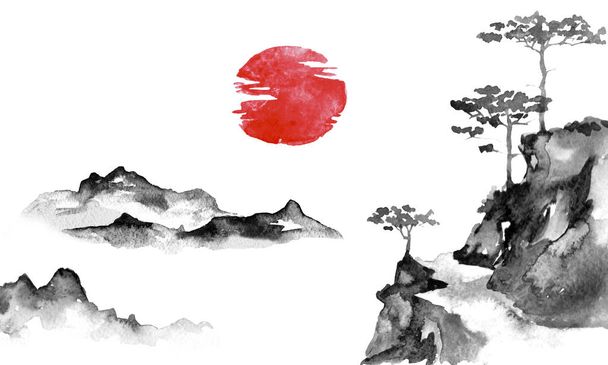 日本伝統的な水墨画。墨の図。日本の画像。太陽と山 - 写真・画像