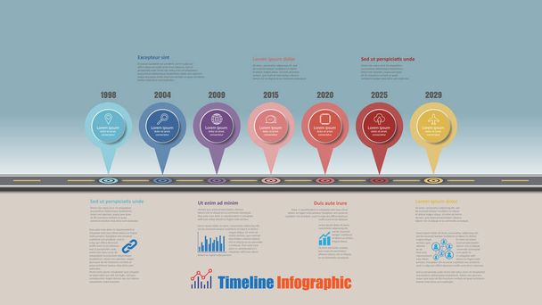 Cestovní mapa obchodní časové osy infografiku s 7 krok piny pro abstraktní pozadí prvků diagramu plánování procesu webové stránky digitální technologie data prezentace graf. Vektorové ilustrace - Vektor, obrázek