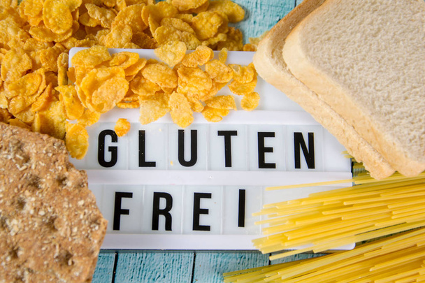 glutenu frei (niemiecki dla glutenu) napisane w ramce lightbox - Zdjęcie, obraz