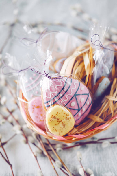 Easter holiday decoration.  Egg shaped cookies with frosting and - Photo, Image