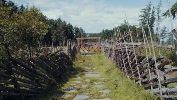 Vikinggard, Viking Farm. Séta a ferde antik fából készült kerítés, lépjen ki a kapukat. POV shot - Felvétel, videó