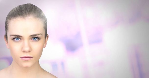 Digital composite of Woman's face with blurred purple background - Zdjęcie, obraz