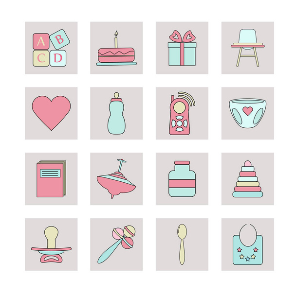Big web icon set. Baby, toy, feed and care colorful ready to use isolated icons on white background. - Vector, Image