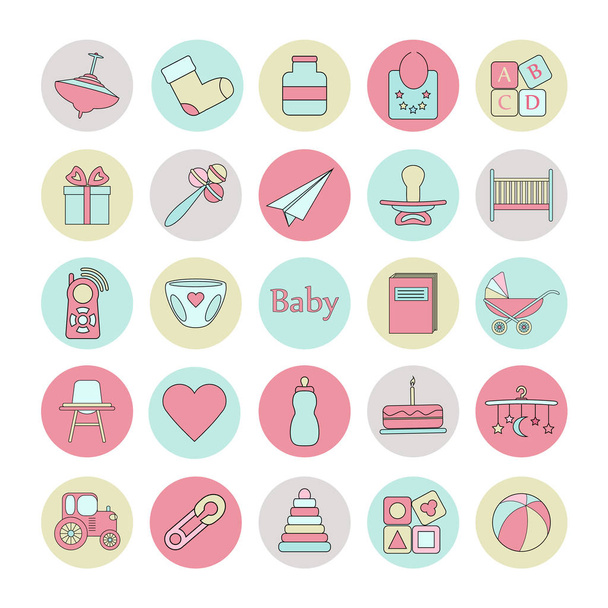 Big circle web icon set. Baby, toy, feed and care colorful ready to use isolated icons on white background. - Vector, Image