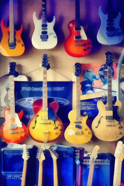 digital painting - group of guitars in exposition - Photo, Image