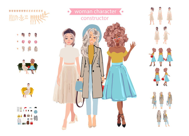 Animate woman character. Young lady personage constructor. Different postures, hairstyle, face, legs, hands, clothes, accessories collection. Set vector person. Girlfriends.Cartoon animated personas. - Vector, Image