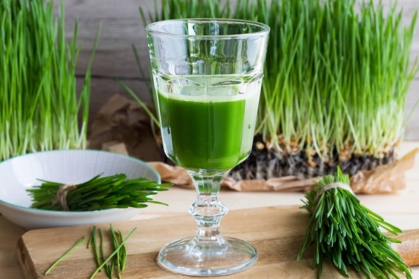 A glass of wheatgrass juice with freshly harvested wheatgrass - Photo, Image