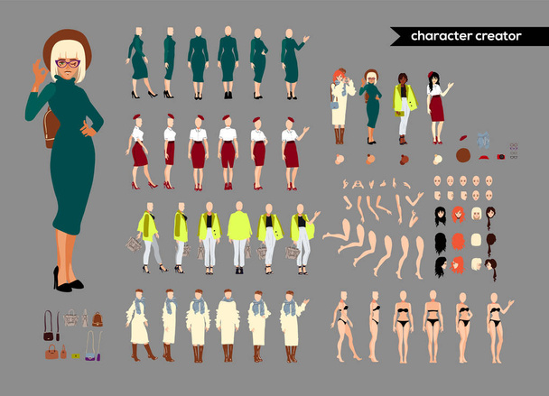 Animate woman character. Young lady personage constructor. Different postures, hairstyle, face, legs, hands, clothes, accessories collection. Set vector person. Girlfriends.Cartoon animated personas. - Vector, Image