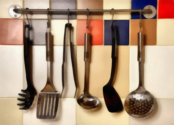 Digital Painting- Kitchen utensils hanging on a colored  tile wa - Photo, Image