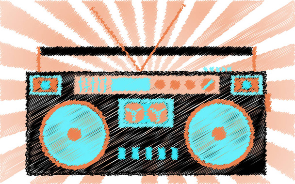 Retro, oud, vintage, hipster, muzikale, cassette audio recorder. Boombox geschilderd met onderbroken lijnen tegen de achtergrond van de stralen. Vectorillustratie - Vector, afbeelding