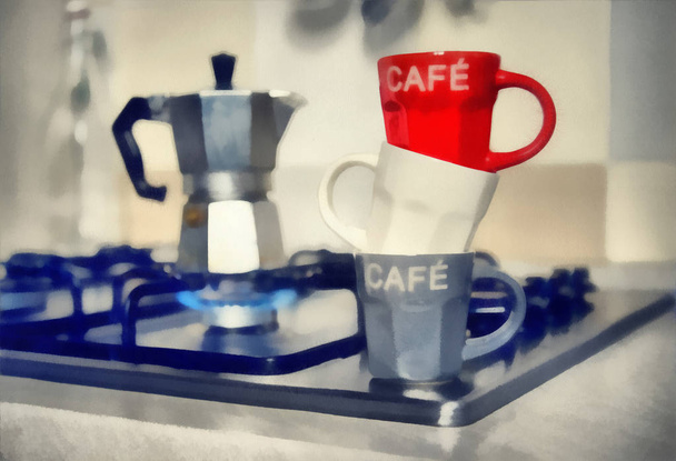digitale Lackierung - rote Kaffeetasse und alte Kaffeekanne - Foto, Bild