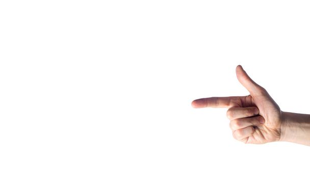 finger pointing at something on white isolated background, place for text - Foto, imagen