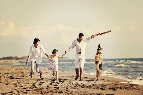 happy young family in white clothing have fun and play with beautiful dog at vacations on beautiful beach  - Fotó, kép