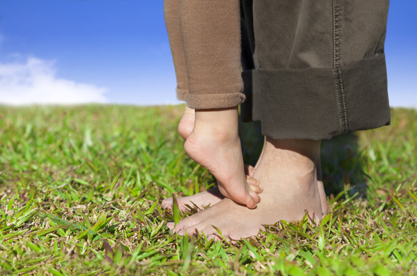 Сімейні ноги на траві з хмарним тлом
 - Фото, зображення