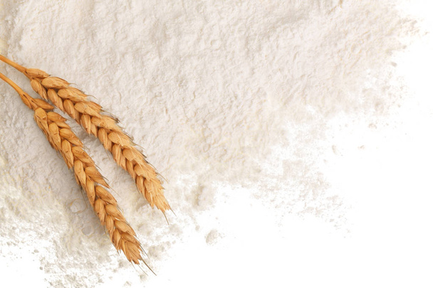 ears of wheat and pile of flour isolated on white background with copy space for your text. Top view. Flat lay - Foto, Bild