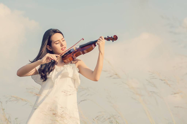 Belle femme debout Jouer du violon dans la prairie
 - Photo, image