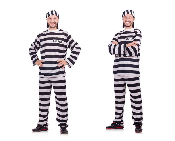 Convict criminal in striped uniform isolated on white - Photo, Image