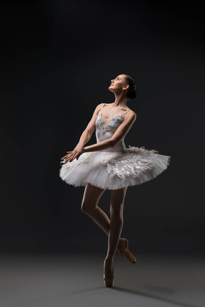 Ballerina in white tutu dancing in the dark - 写真・画像