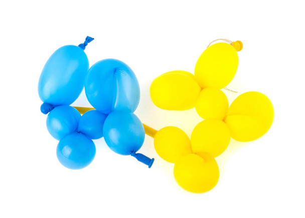 Balão amarelo e azul amarrado no fundo branco
 - Foto, Imagem