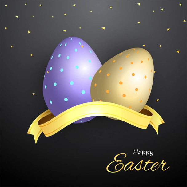 Golden and purple egg on grey background. Happy Easter Concept. - Vetor, Imagem
