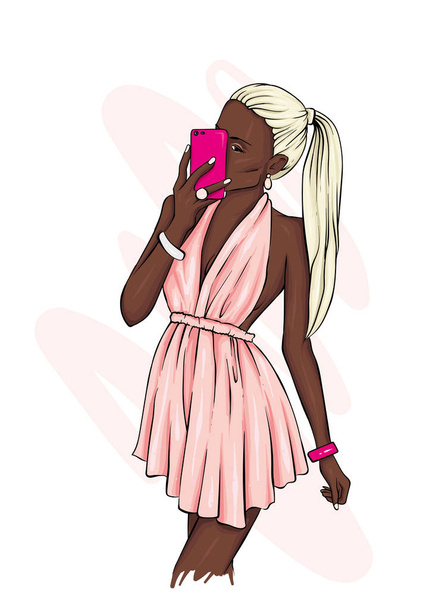 A girl in a beautiful dress makes selfie with a smartphone. Fashion, style, clothing and accessories. Vector illustration. Stylish girl. - Vector, Image