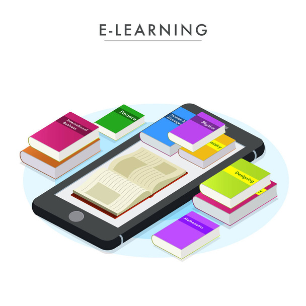 e-Learning concept with 3D books on smart phone device. - ベクター画像
