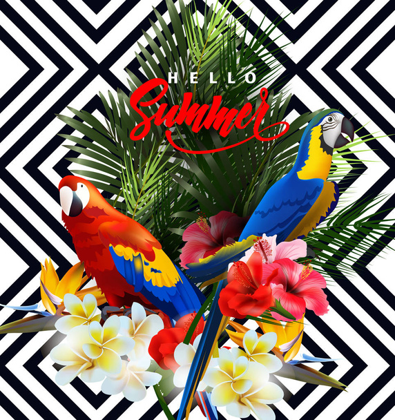 Vacanze estive sfondo con fiori tropicali con pappagalli tropicali colorati. Lettering Ciao estate Template Vector
 - Vettoriali, immagini