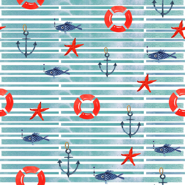 акварель морской элемент рисунок вручную. иллюстрация абстрактного летнего геометрического бесшовного рисунка с синим акварельным фоном
 - Фото, изображение