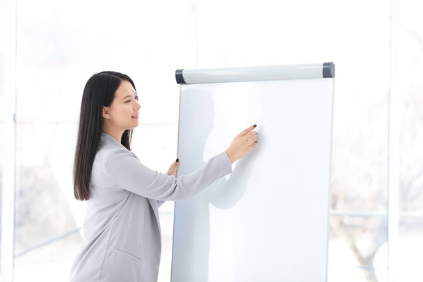 Business trainer giving presentation on flip chart board indoors - Photo, Image