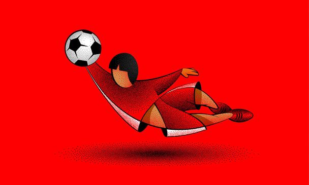 Gardien de but de football personnage attrape le ballon dans un saut. Joueur de football dessin animé en vêtements rouges sur un fond rouge
. - Vecteur, image