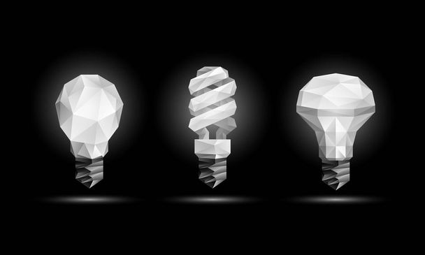 Vector 3d low poly light bulbs model set. Glowing polygonal fluorescent and led bulb illustration on a black background. - Vector, Image