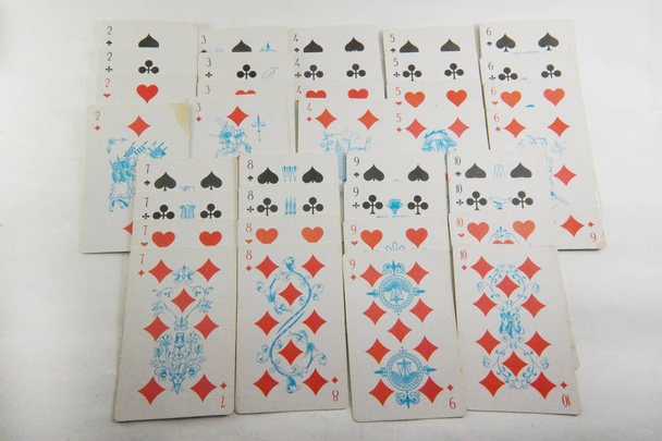 Vintage playing cards, playing cards, gambling club, four suit cards, board game, vintage pictures, ace, joker, white background, close-up, many playing cards, deck cards, Soviet vintage, USSR , headstock stock image, Nostalgishop, Nostalgishop imag - Photo, Image