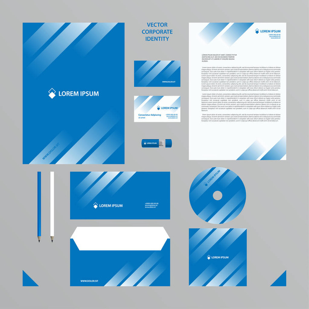 Corporate Identity Geschäftsvorlage. Firmenstil in Blautönen mit weißem transparenten Verlauf in den Linien. - Vektor, Bild