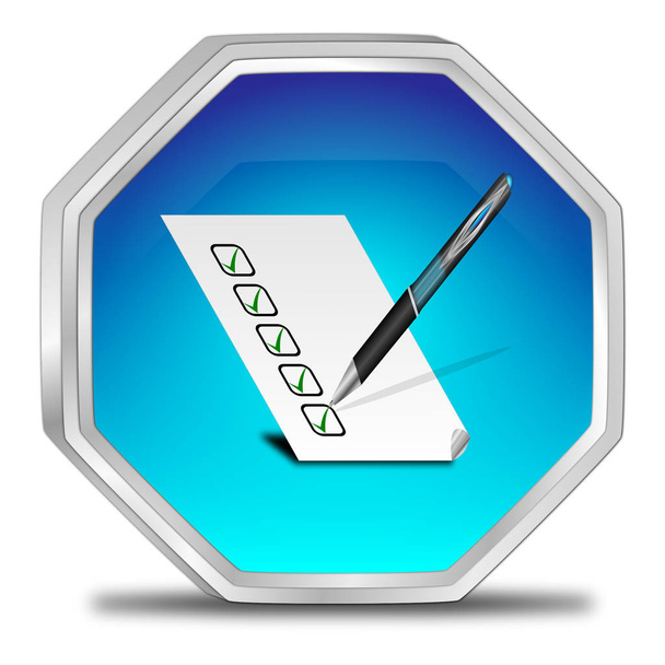 botón azul brillante con lista de verificación - Ilustración 3D - Foto, imagen