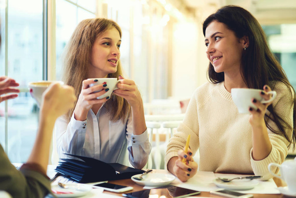 Female friends enjoying coffee break in cafe communicating in good mood sharing ideas and opinions,coworkers planning common project with cup of aroma coffee satisfied with collaboration results - 写真・画像