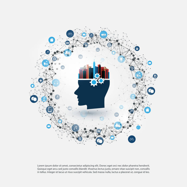 Abstrait Machine and Deep Learning, Intelligence Artificielle, Cloud Computing, Smart City et Network Design Concept avec icônes et tête humaine
 - Vecteur, image