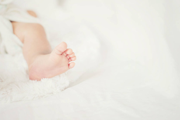 Newborn Baby legs on white bed. - Φωτογραφία, εικόνα