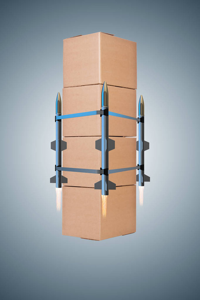 Konzept mit Box-Lieferung und Raketen - Foto, Bild