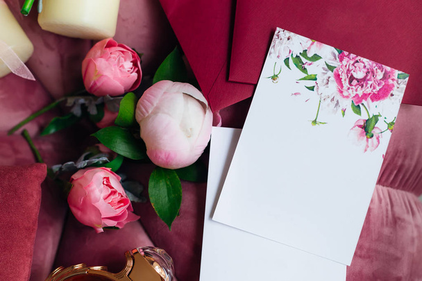 top view of the wedding invitations and beautiful peonies - Photo, Image