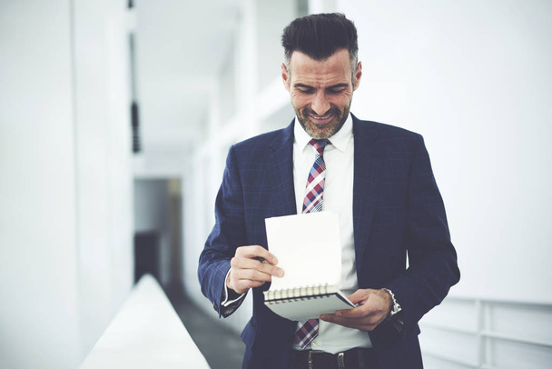 Handsome experienced executive manager checking working schedule list on notebook satisfied with working planings, positive formally dressed mature man preparing for meeting proofreading accountings - Photo, Image